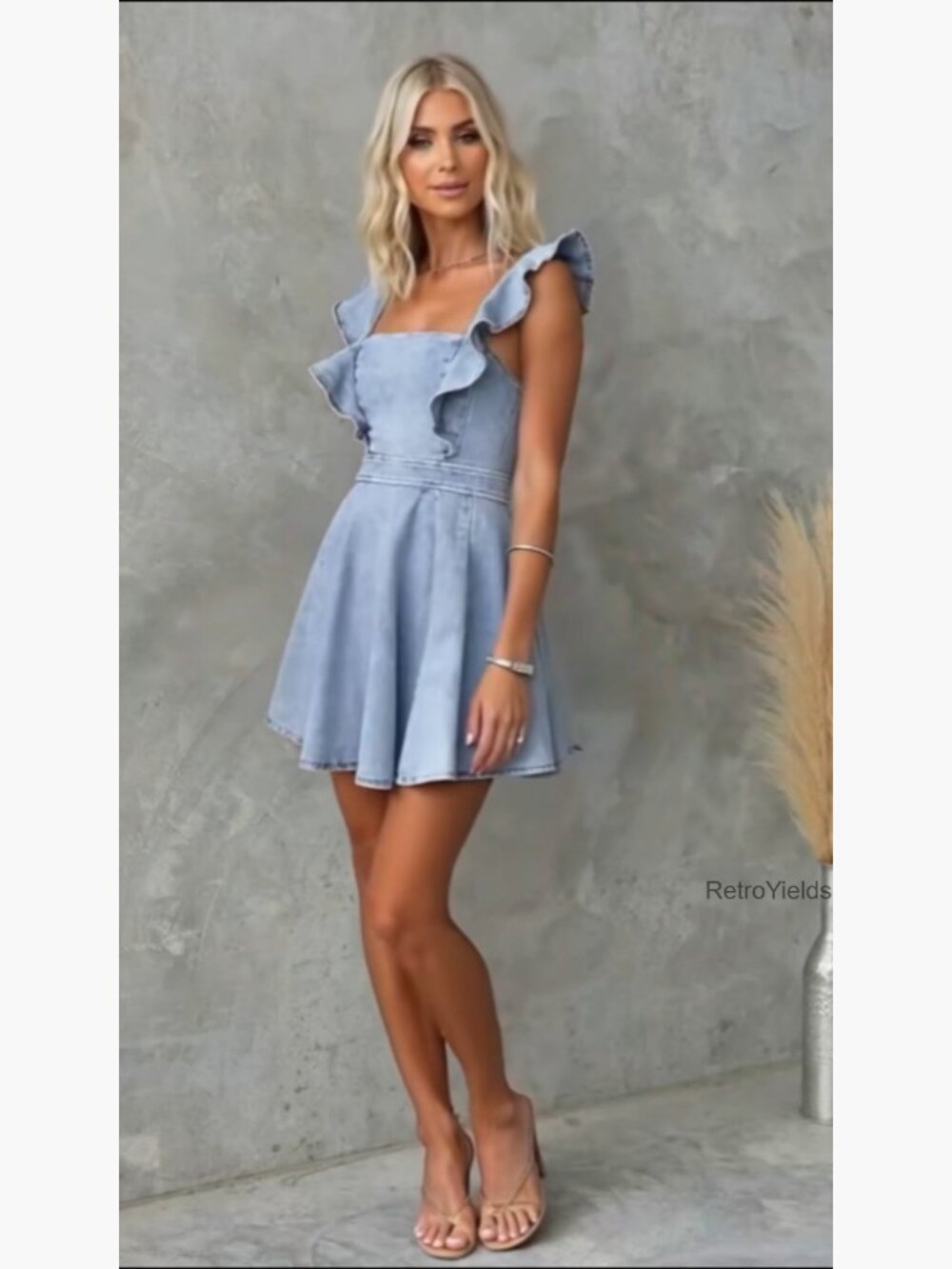 Ruffle Adjustable Strap Sleeveless Backless Babydoll Mini Jean Dress - Picture 7 of 7